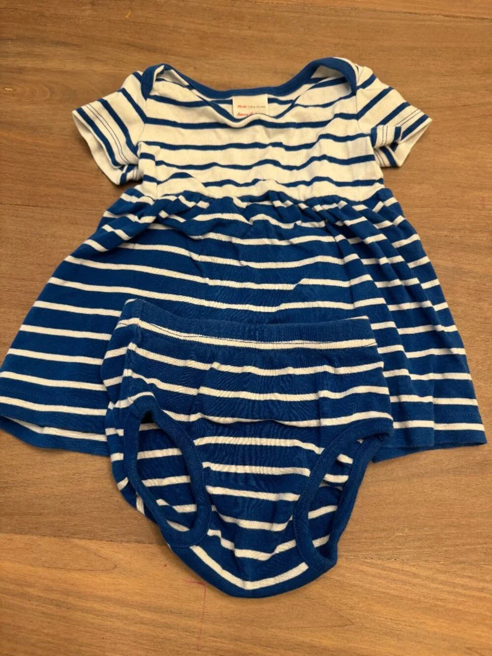 Hanna Andersson Blue White Striped Dress & Bloomer Set 6-12M